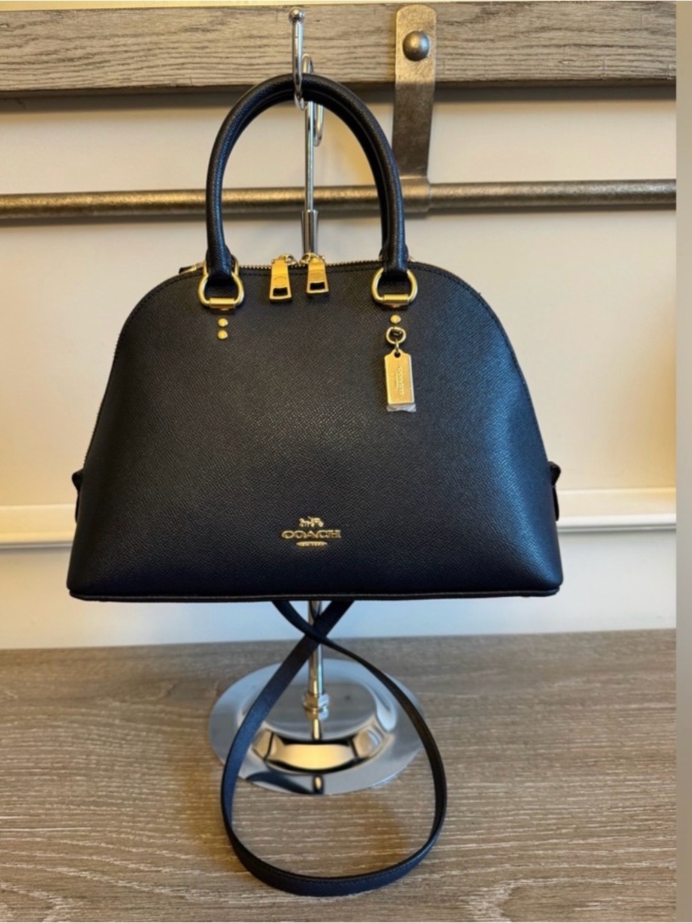 Coach Black Saffiano Leather‎ Dome Satchel with Gold Accents